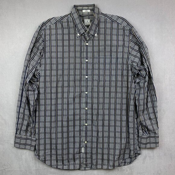 Peter Millar Mens Shirt Large Blue Gold Plaid Button Up Long Sleeve Windowpane - Picture 1 of 7